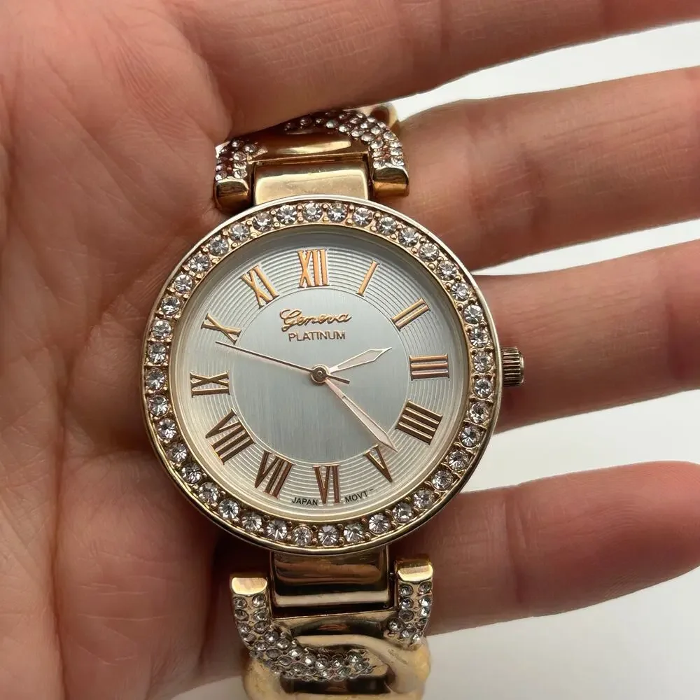 Geneva Platinum Women's Rose Gold Tone Crystal Accents Cuff Band Watch